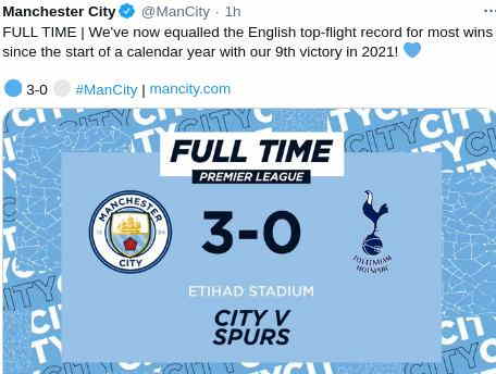 Hasil Manchester City vs Tottenham Hotspur Skor Akhir 3-0 | 14 Februari 2021 Hasil Manchester City vs Tottenham Hotspur