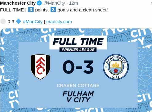 Hasil Fulham vs Manchester City Tadi malam