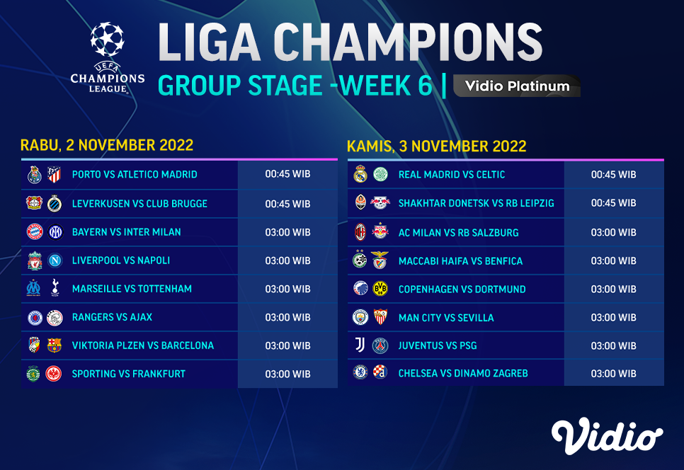 Jadwal dan Live Streaming Liga Champion 2022/2023 Pekan Keenam di Vidio, 2&3 November 2022